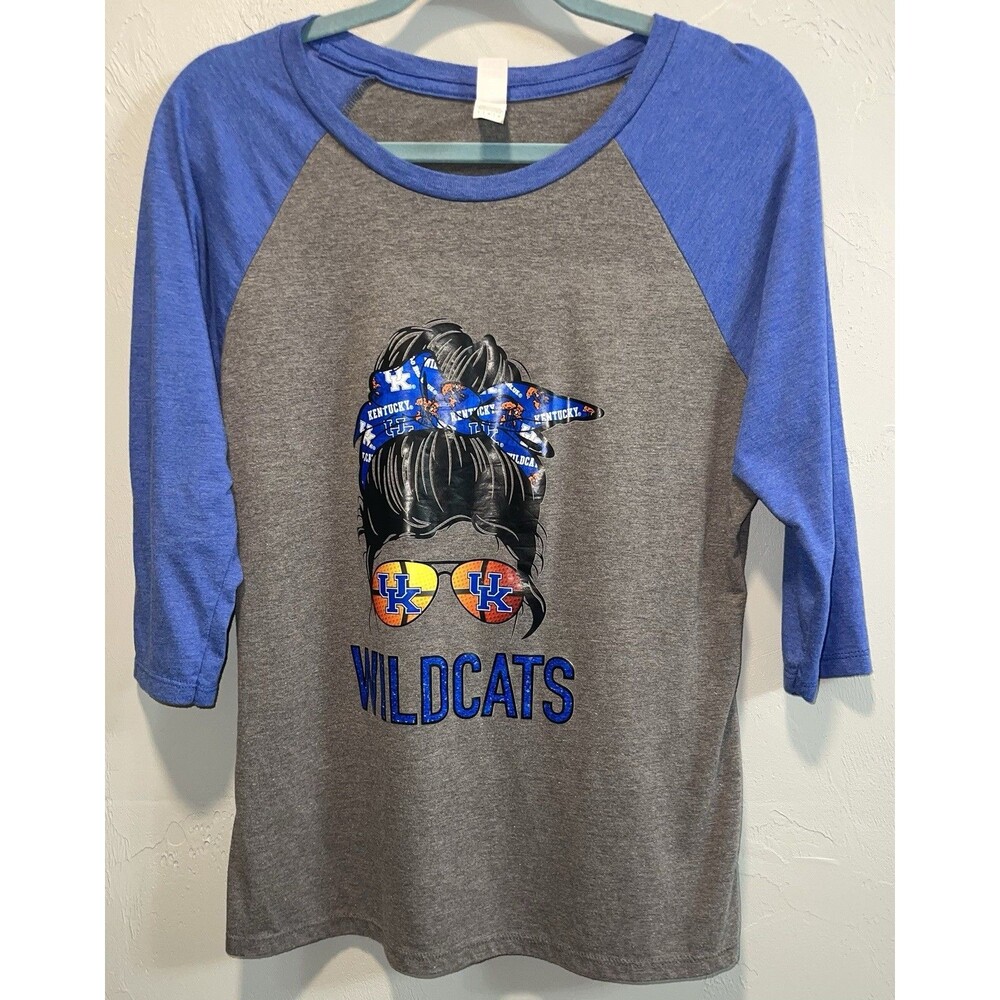 Kentucky Wildcats Shirt Womens Large Blue Gray Raglan 3/4 Sleeve UK Graphic Tee
